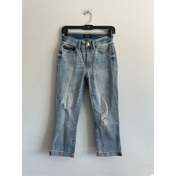 Judy Blue Denim - Judy Blue Jeans Raw Hem Cuff Skinny Fit Capri Jeans Distressed Denim Size 1/25